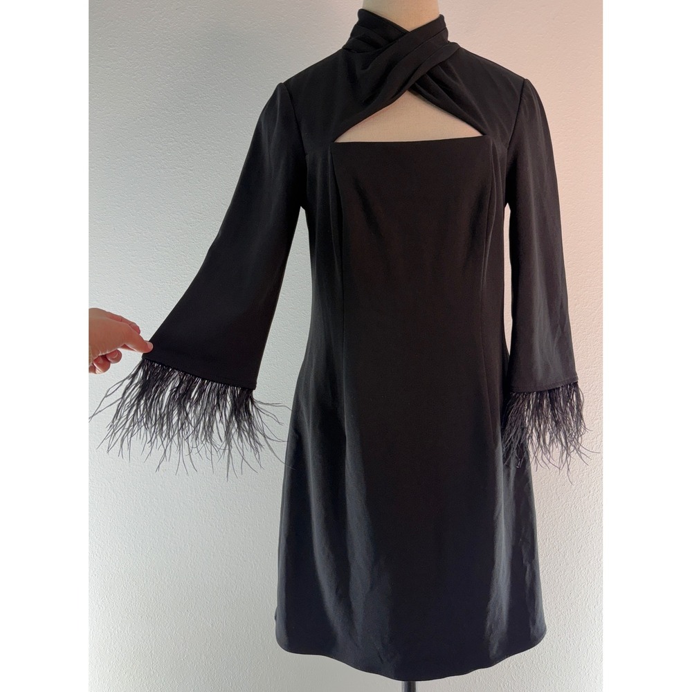 Aidan by Adrianna Papell Black Cut Out Cocktail Dress Ostrich Feather Trim 6